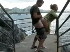Blonde large racked housewife was bent over and screwed at the sunset at riverside
